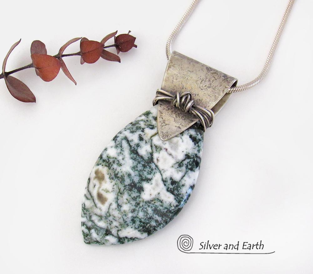 Green Tree Jasper Sterling Silver Necklace Unique Stone Jewelry